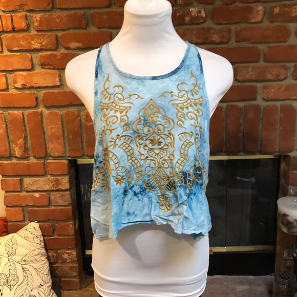 Tied Dye Embroidered Cropped BoHo Hipped Tank Top - Picture 4 of 8